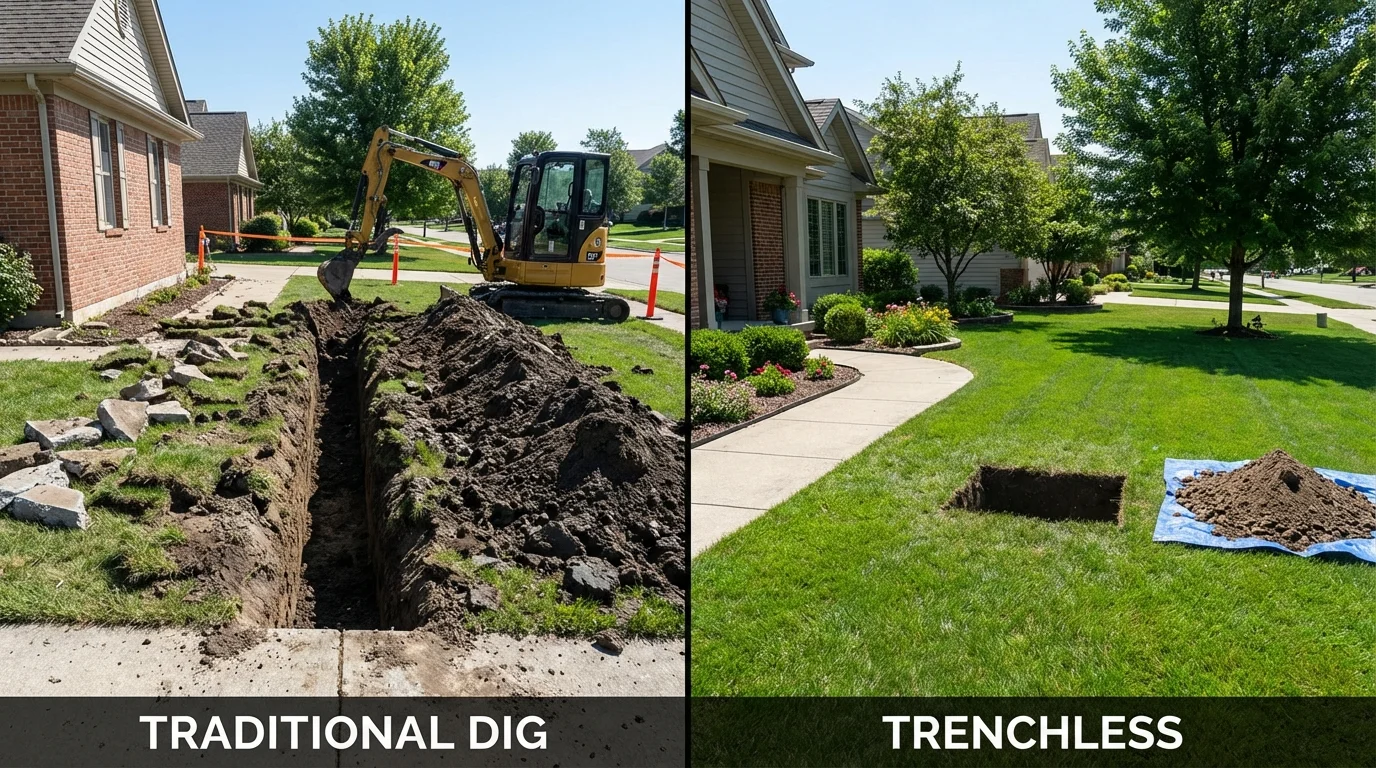 Trenchless sewer repair with minimal yard damage versus traditional excavation in Dover, TN